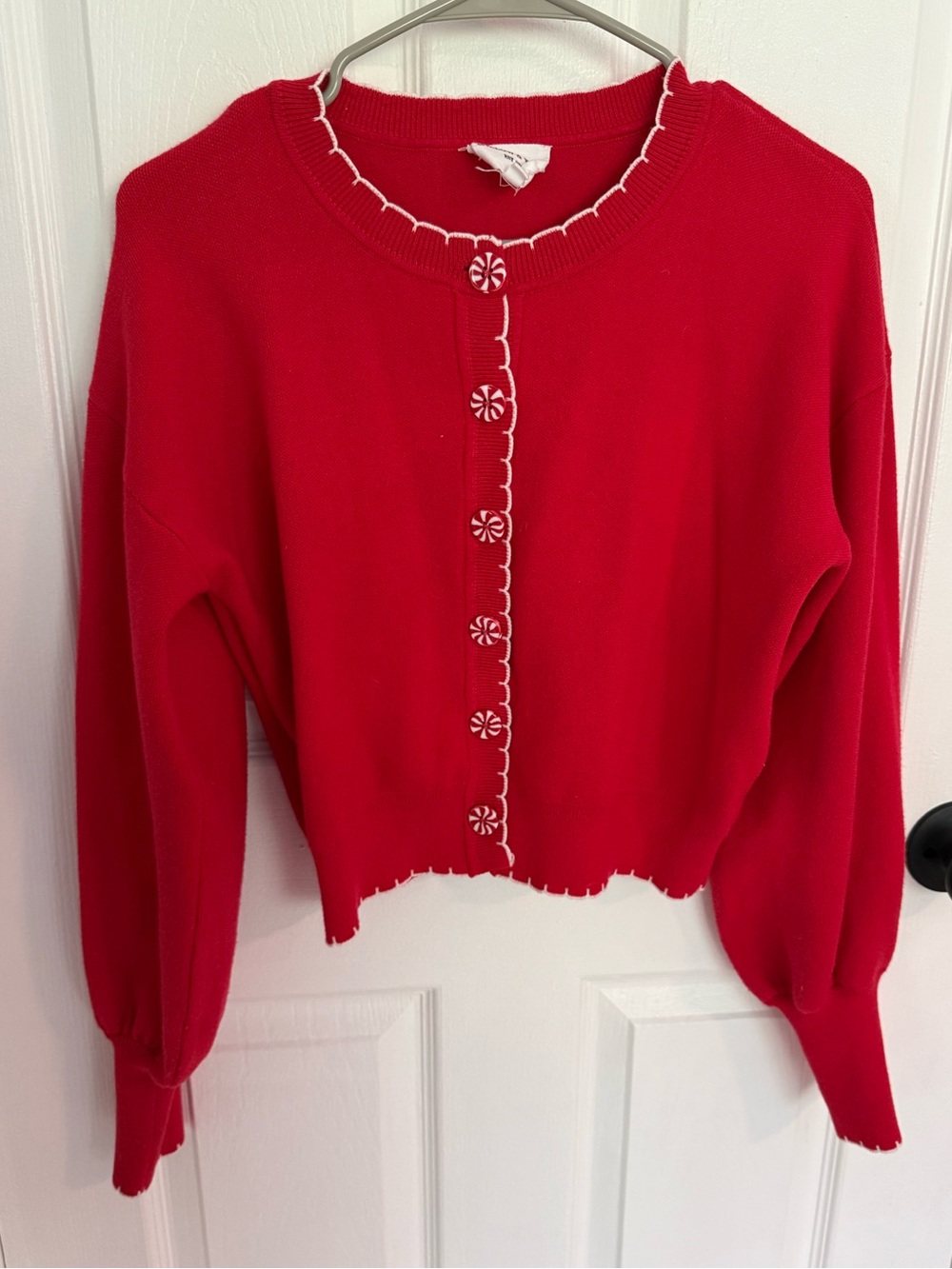 Red Women's Cropped Cardigan Sweater with Contrast Trim